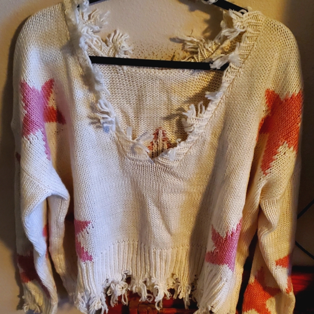 Off-the-Shoulder Distressed Star Sweater - Cream with Pink & Orange Stars